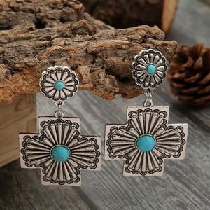 Ethnic Style Cross Flower Alloy Inlay Earrings